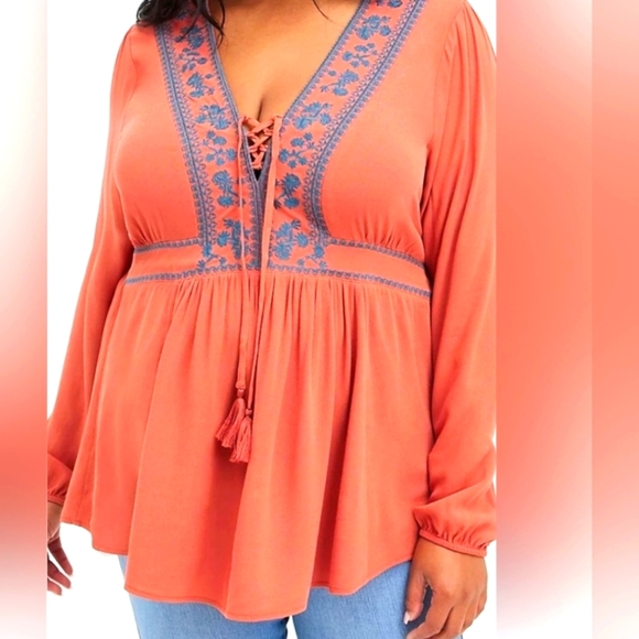 Burnt Orange Babydoll Gauze Lace Up Shirt with Embroidered, Crocheted Accents - Picture 10 of 10